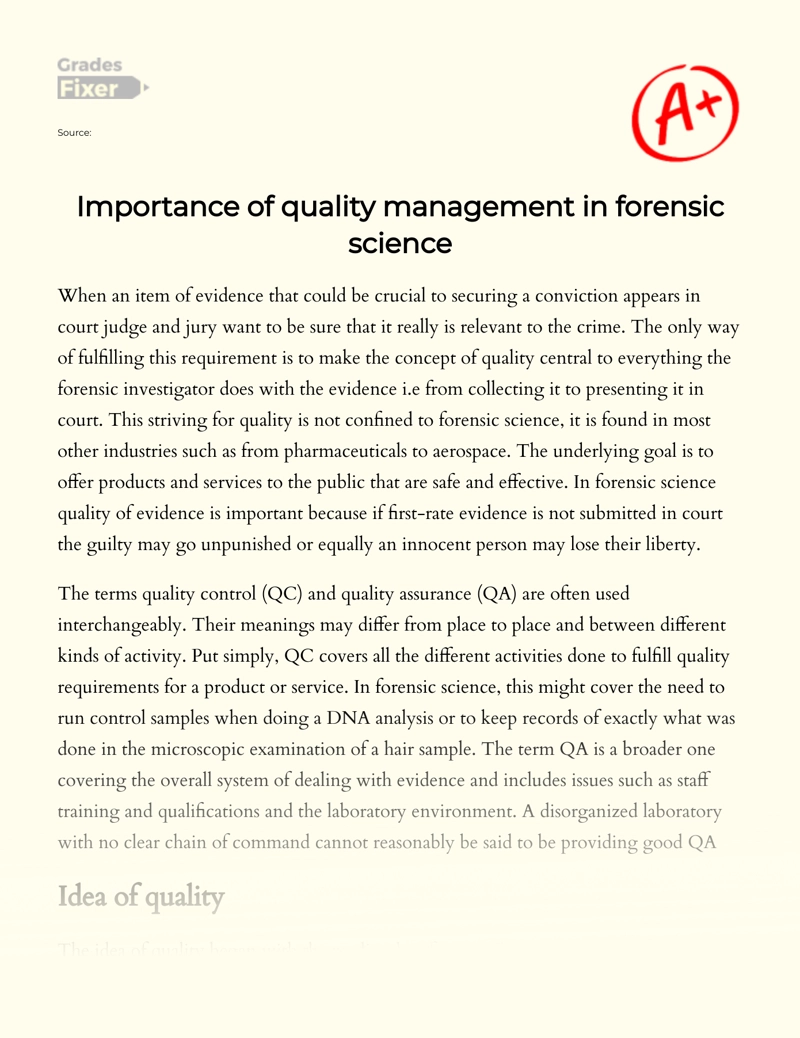 Importance of Quality Management in Forensic Science Essay
