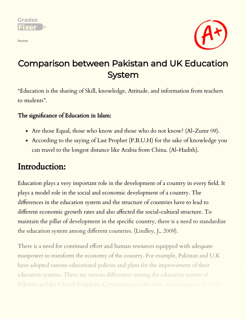 Comparison Between Pakistan and UK Education System Essay