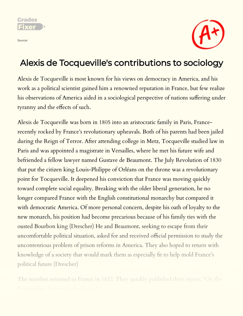 Alexis De Tocqueville Contributions to Sociology Essay