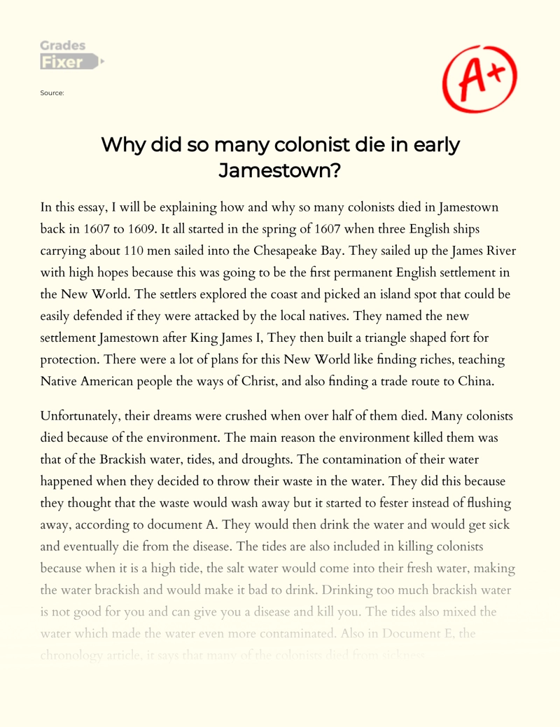 The Road to The New World: Why Did so Many Colonists Died in Jamestown Essay