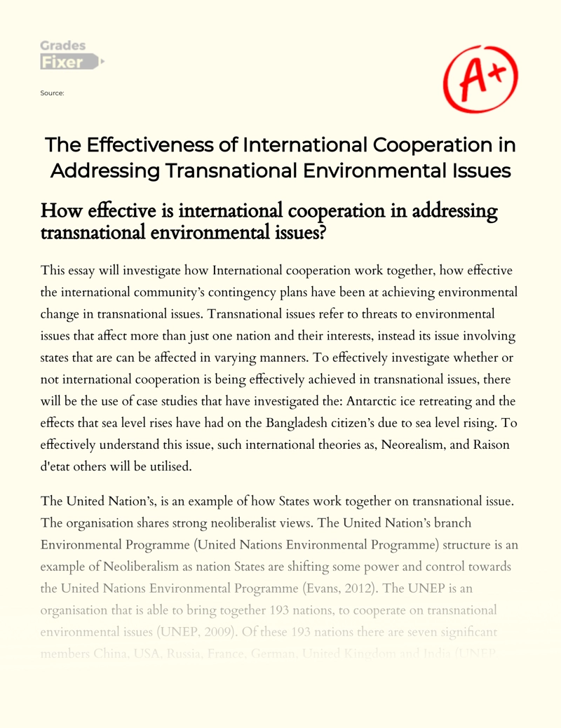 The Effectiveness of International Cooperation in Addressing Transnational Environmental Issues essay