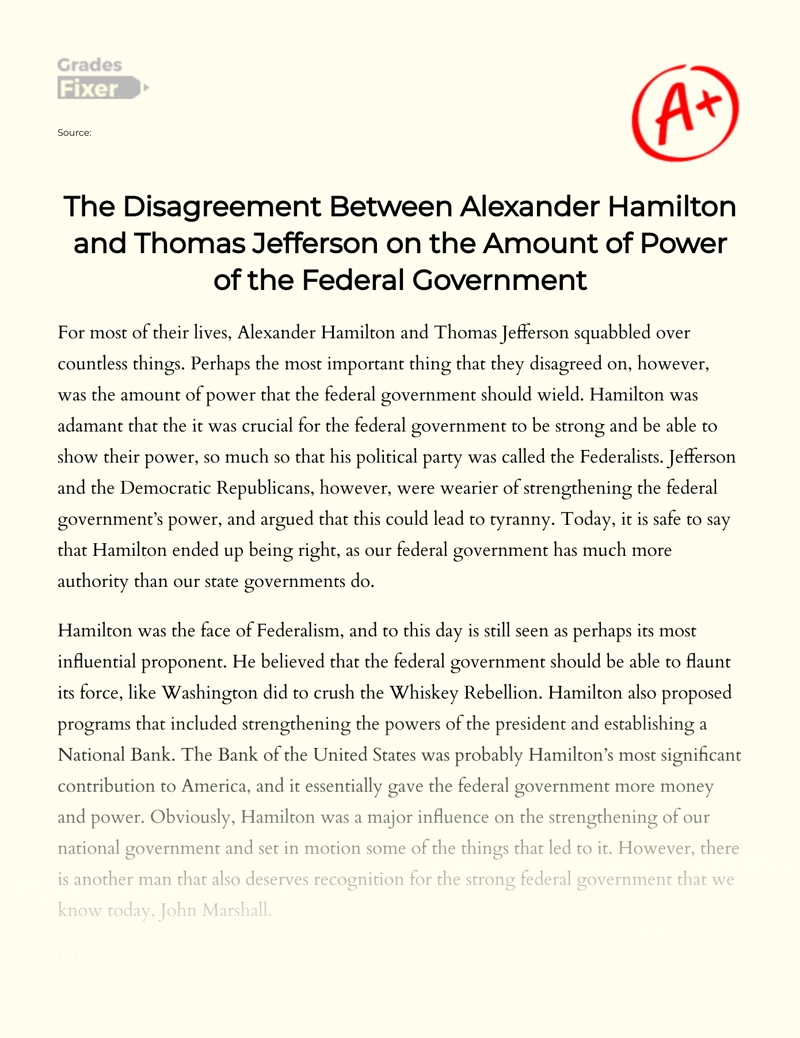 The Disagreement Between Alexander Hamilton and Thomas Jefferson on The Amount of Power of The Federal Government essay