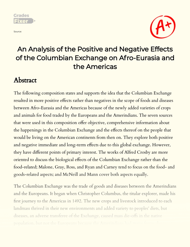 An Analysis of The Positive and Negative Effects of The Columbian Exchange on Afro-eurasia and The Americas Essay
