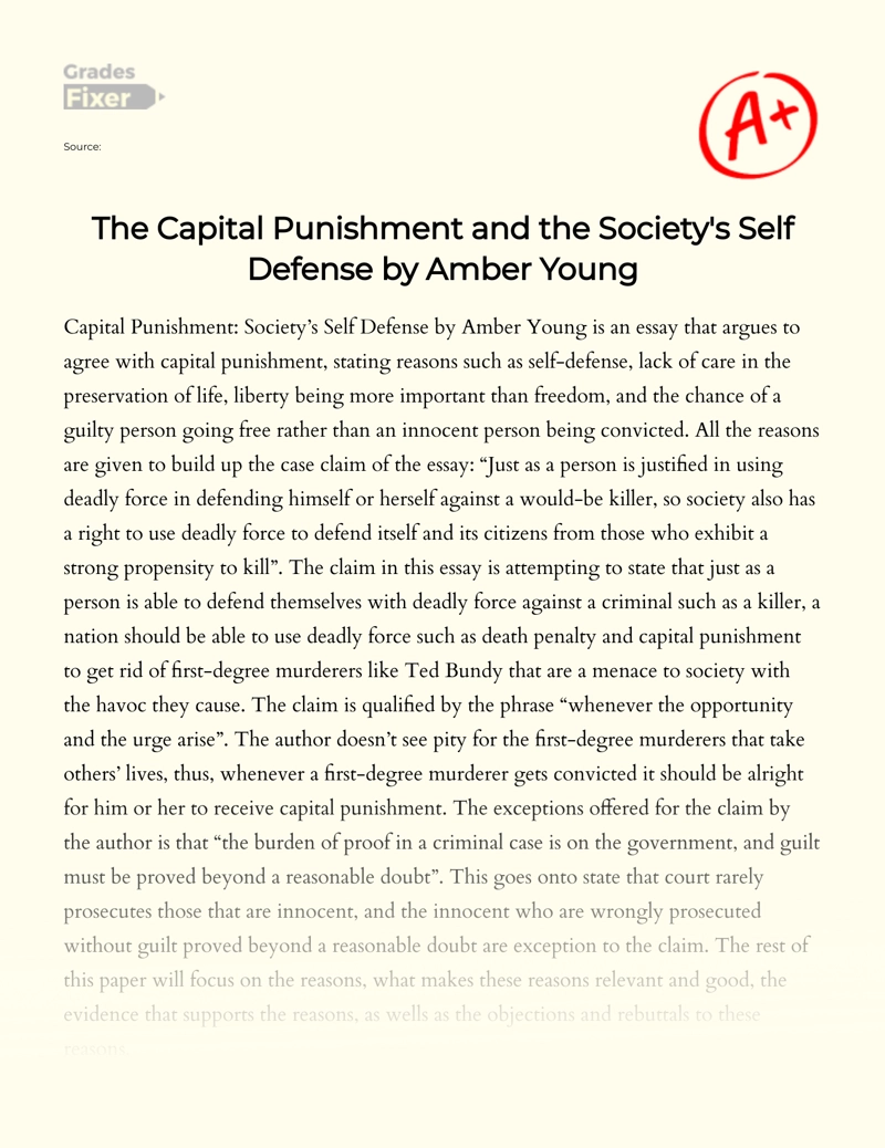The Capital Punishment and The Society's Self Defense by Amber Young Essay