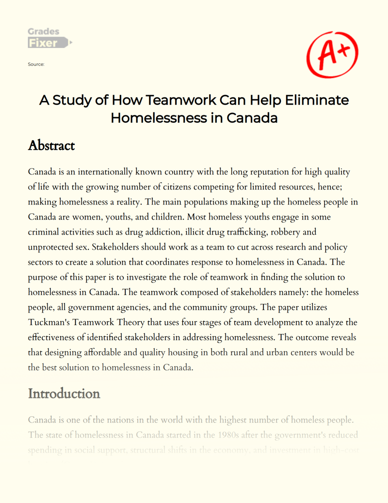 A Study of How Teamwork Can Help Eliminate Homelessness in Canada Essay