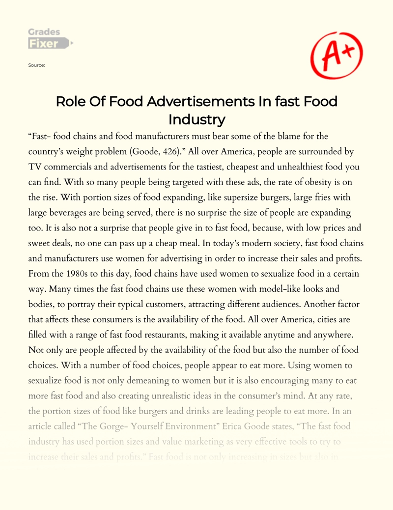 Role of Food Advertisements in Fast Food Industry Essay