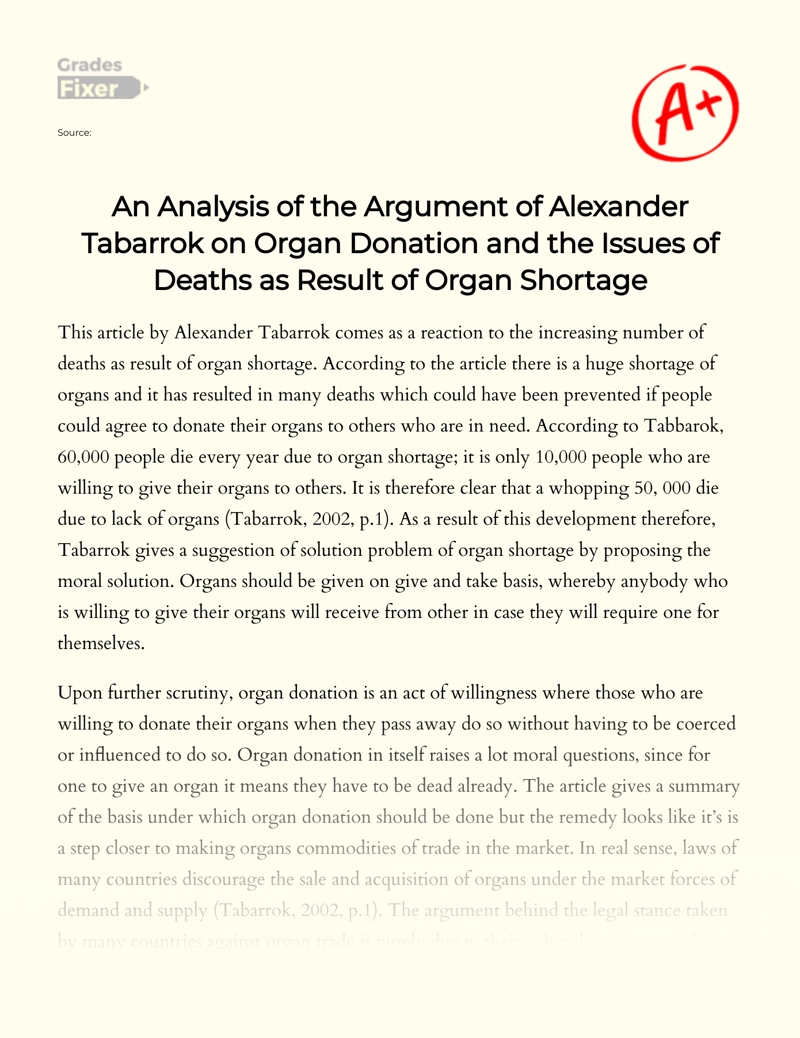 An Analysis of The Argument of Alexander Tabarrok on Organ Donation and The Issues of Deaths as Result of Organ Shortage essay