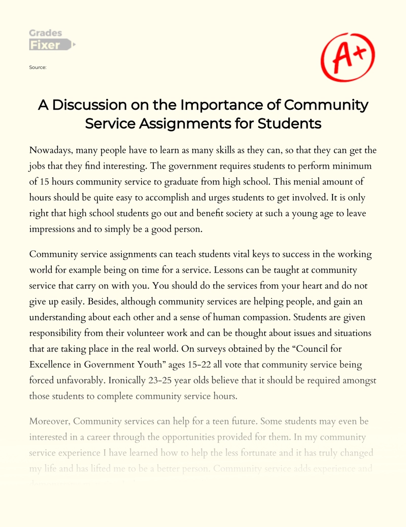 A Discussion on The Importance of Community Service Assignments for Students Essay