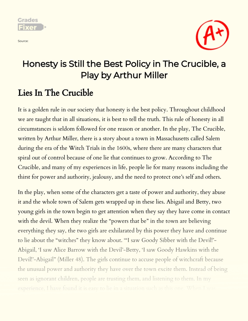 The Theme of Lie in "The Crucible", a Play by Arthur Miller Essay