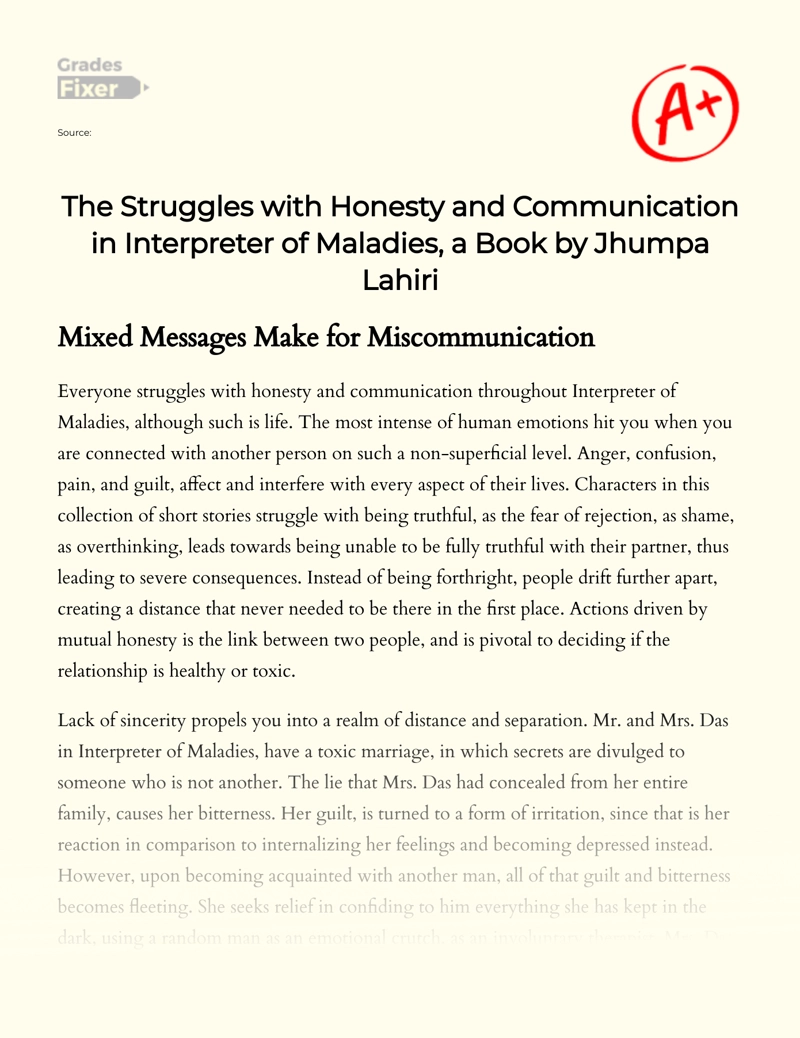 The Struggles with Honesty and Communication in Interpreter of Maladies, a Book by Jhumpa Lahiri essay