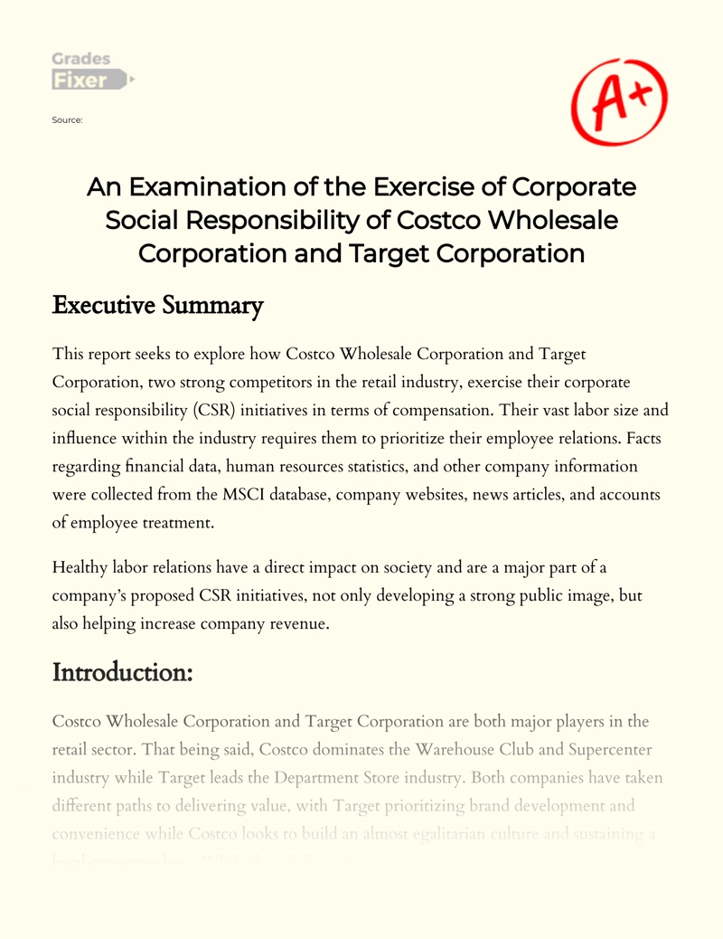 An Examination of The Exercise of Corporate Social Responsibility of Costco Wholesale Corporation and Target Corporation Essay