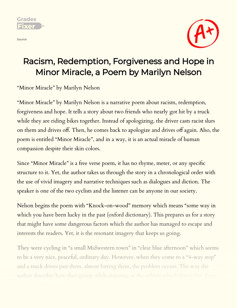 Racism, Redemption, Forgiveness and Hope in Minor Miracle, a Poem by Marilyn Nelson Essay