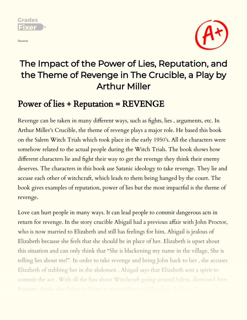 The Themes of Revenge, Power of Lies and Reputation in "The Crucible" by Arthur Miller Essay