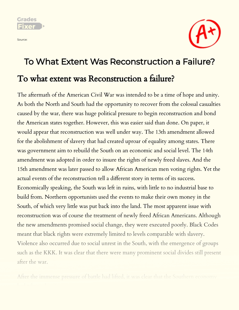 Why Was Reconstruction a Failure: Essay on American History essay