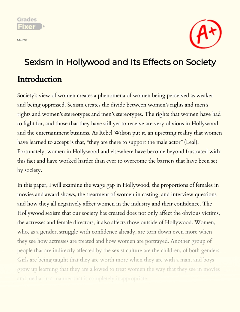 Sexism in Hollywood and Its Effects on Society Essay