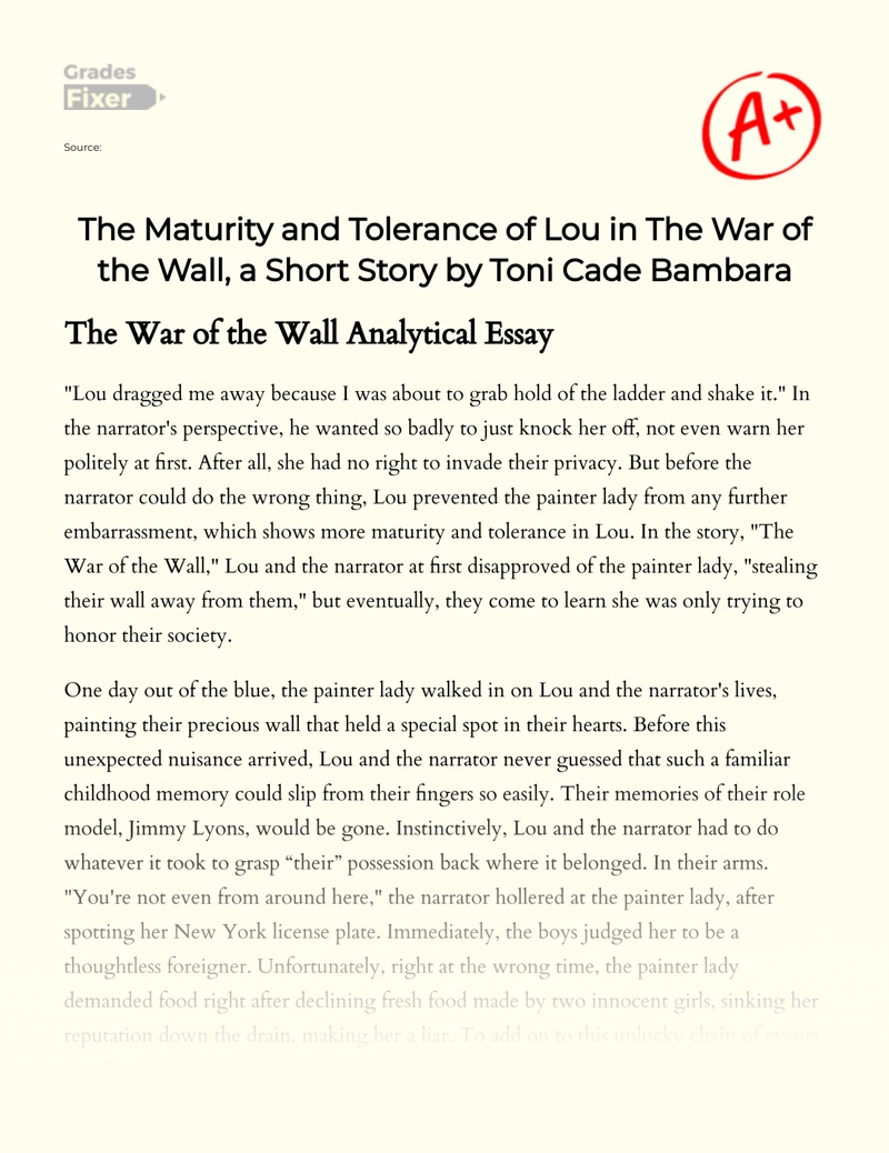 The Maturity and Tolerance of Lou in "The War of The Wall" by Toni Cade Bambara Essay