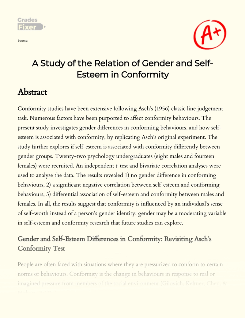 A Study of The Relation of Gender and Self-esteem in Conformity essay