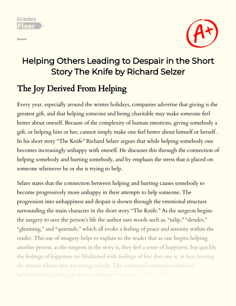Helping Others Leading to Despair in The Short Story The Knife by Richard Selzer essay