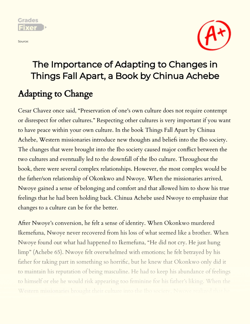 The Importance of Adapting to Changes in "Things Fall Apart" by Chinua Achebe Essay