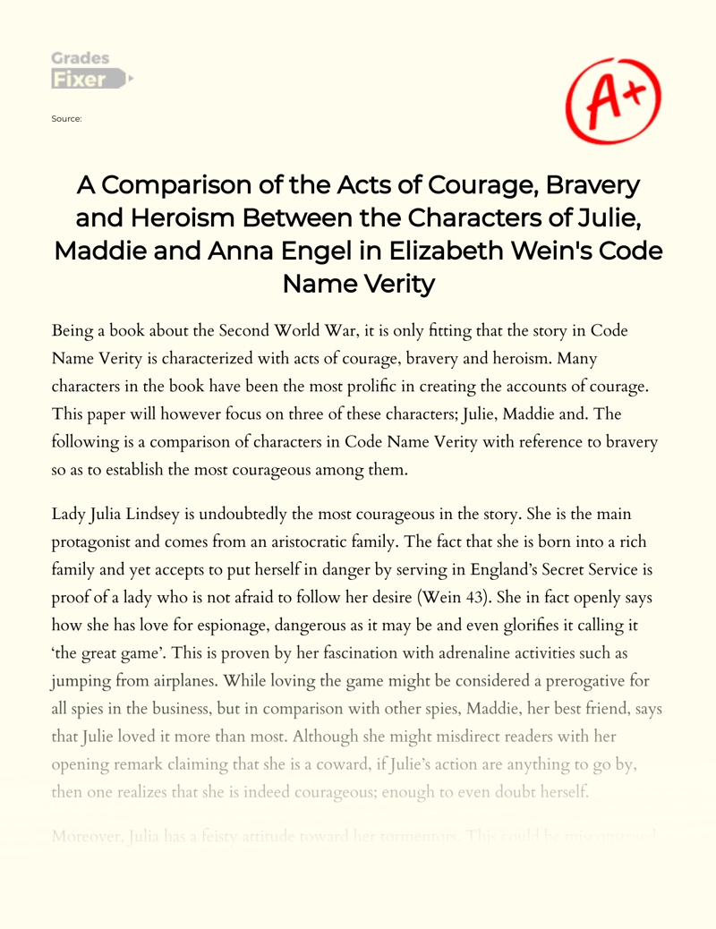 A Comparison of The Acts of Courage, Bravery and Heroism Between The Characters of Julie, Maddie and Anna Engel in Elizabeth Wein's Code Name Verity essay
