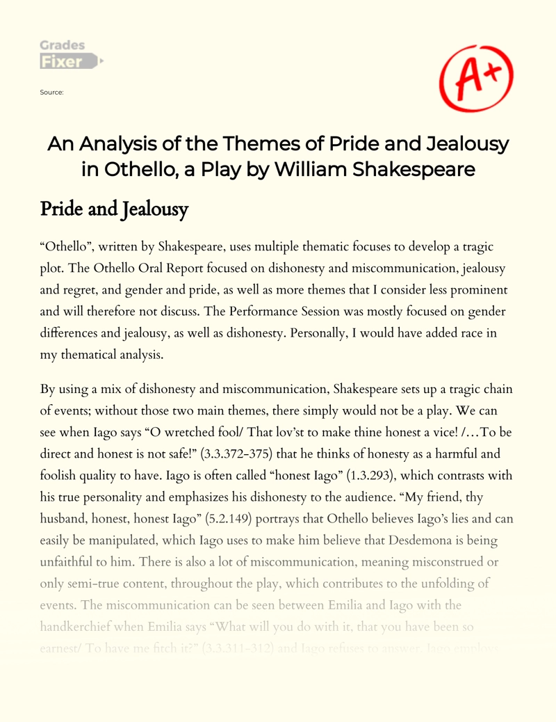 An Analysis of The Themes of Pride and Jealousy in Othello, a Play by William Shakespeare Essay