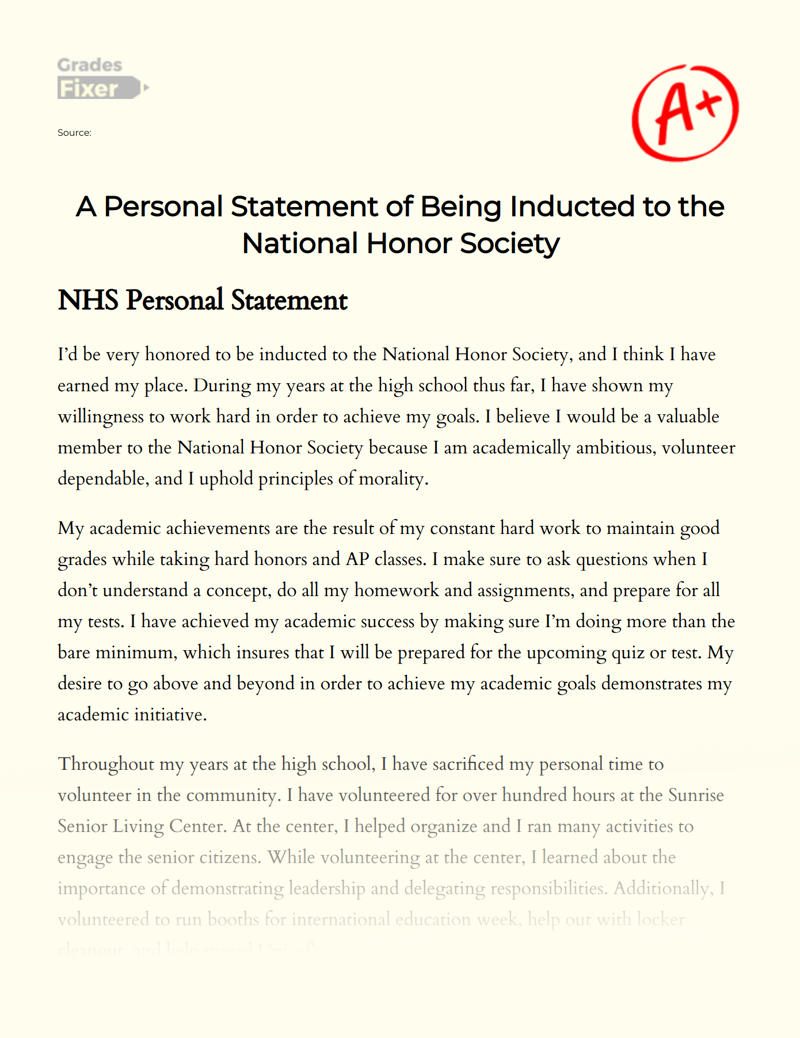 A Personal Statement of Being Inducted to The National Honor Society Essay