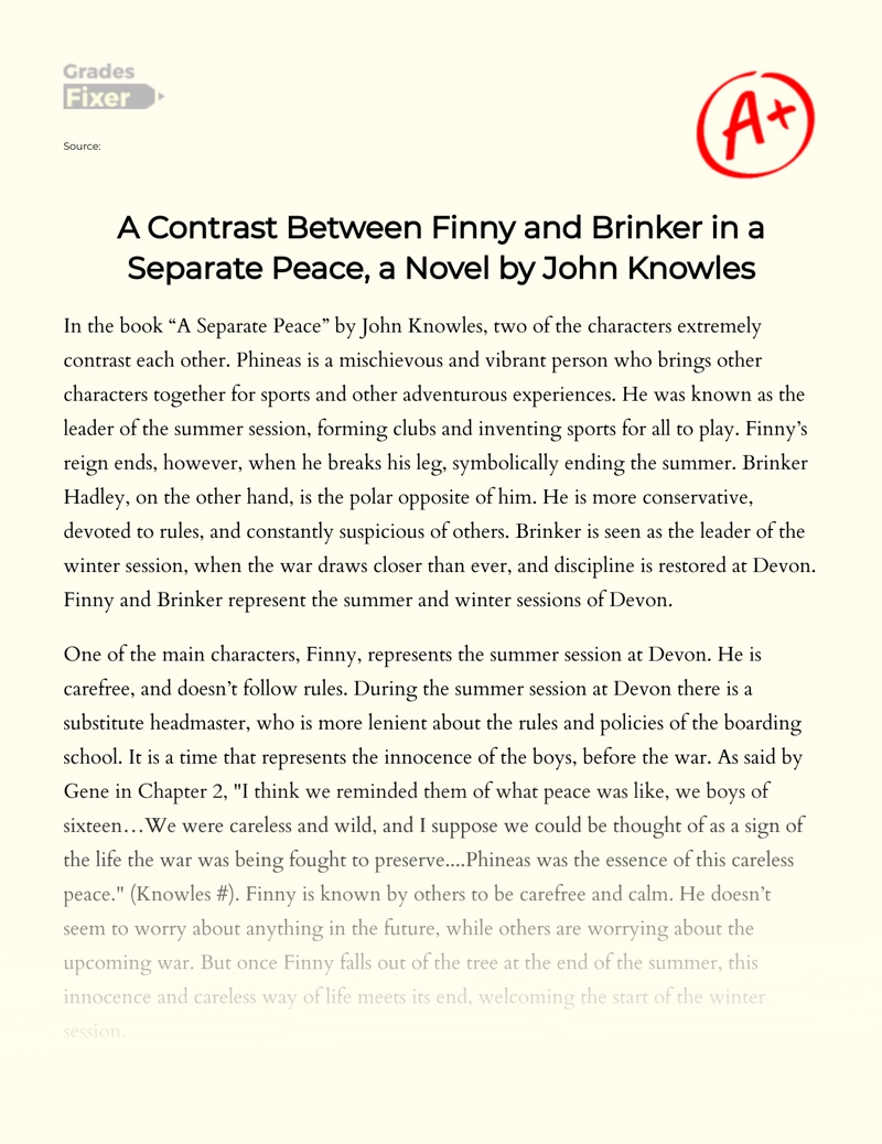 A Contrast Between Finny and Brinker in a Separate Peace, a Novel by John Knowles Essay