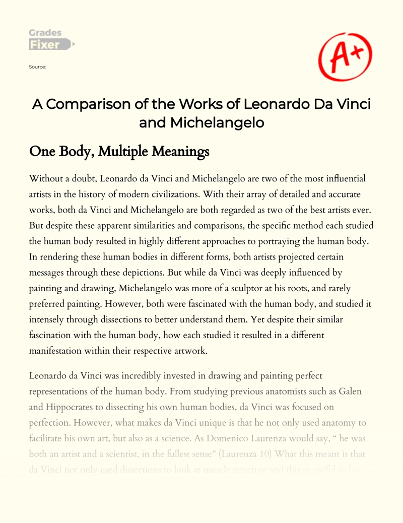 A Comparison of The Art Styles of Leonardo Da Vinci and Michelangelo Essay