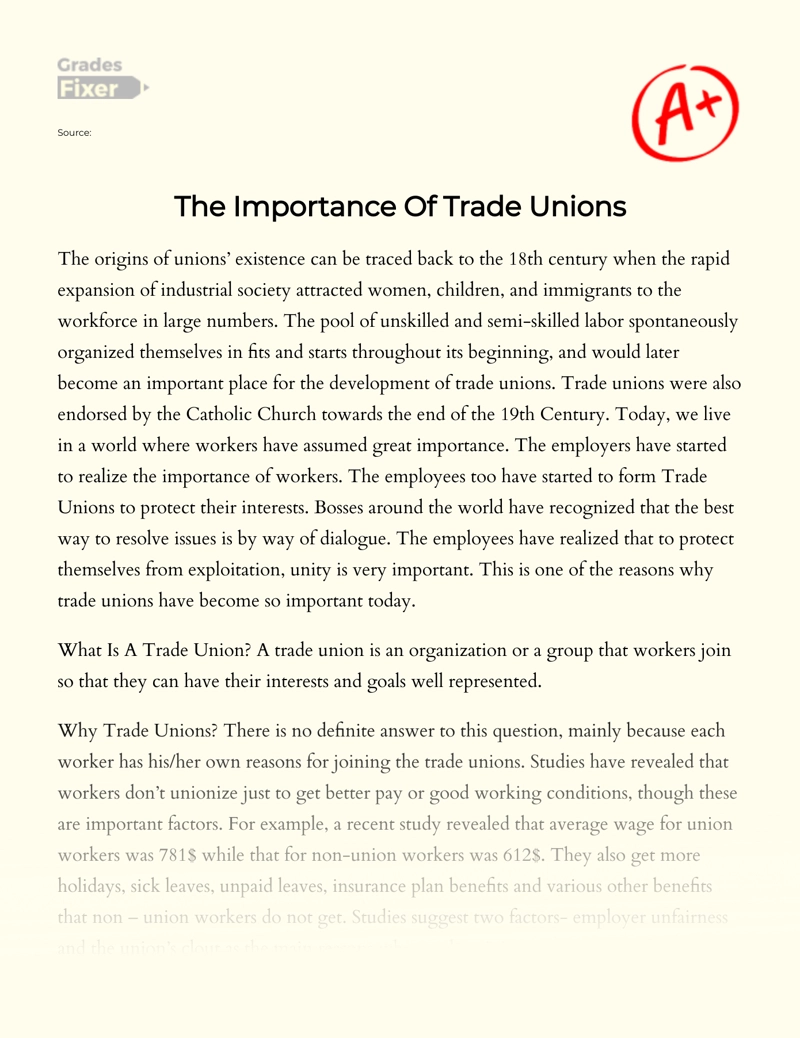 The Importance of Trade Unions essay