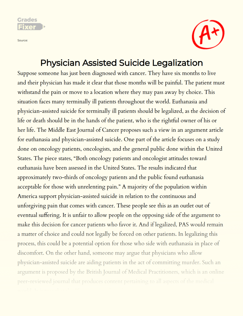 Why Physician-assisted Suicide for Terminally Ill Patients Should Be Legalized Essay