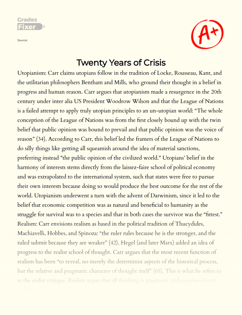 A Discussion of Whether E. H. Carr’s The Twenty Years’ Crisis is Still Relevant Today Essay