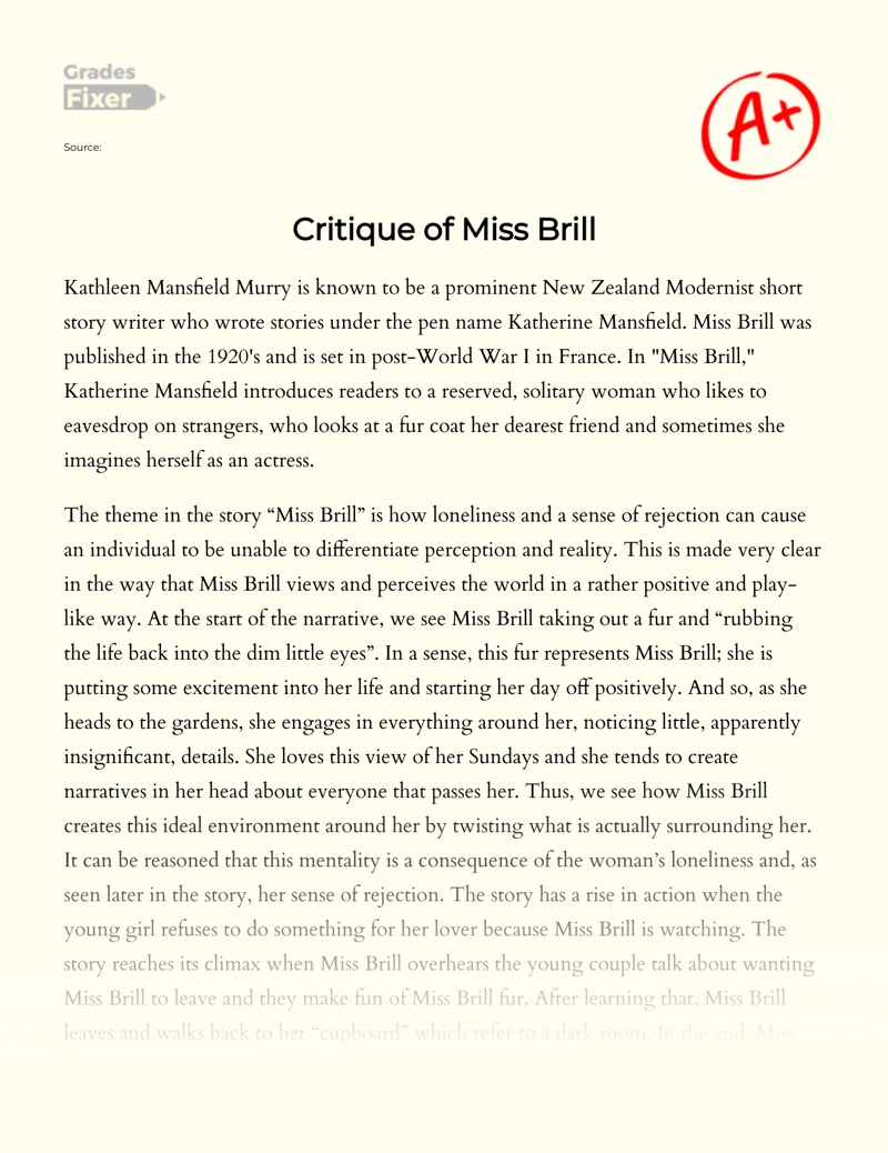 Critique of "Miss Brill" by Katherine Mansfield Essay
