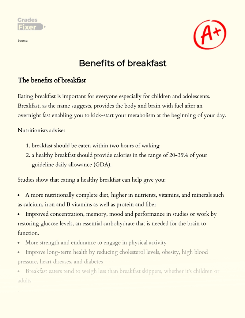 Benefits of Breakfast Essay