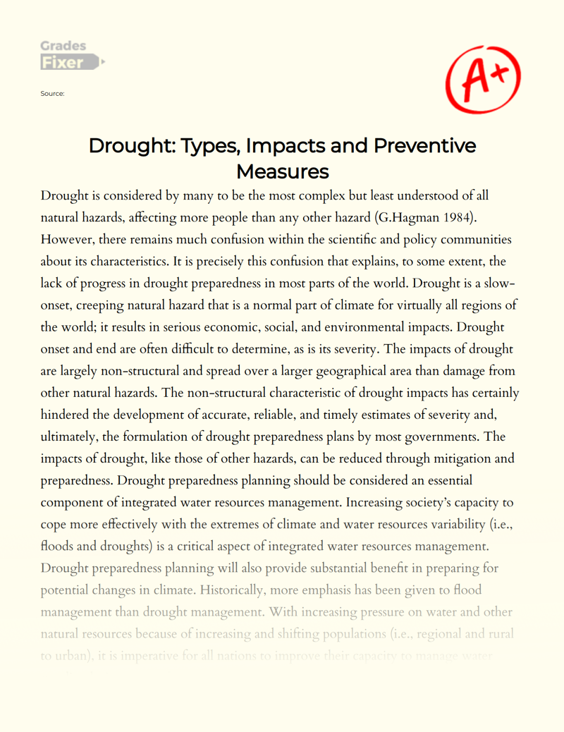 Drought: Types, Impacts and Preventive Measures Essay