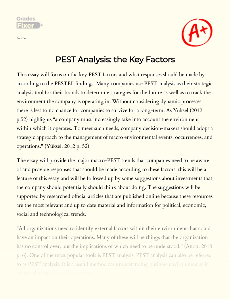 Pest Analysis: The Key Factors  Essay