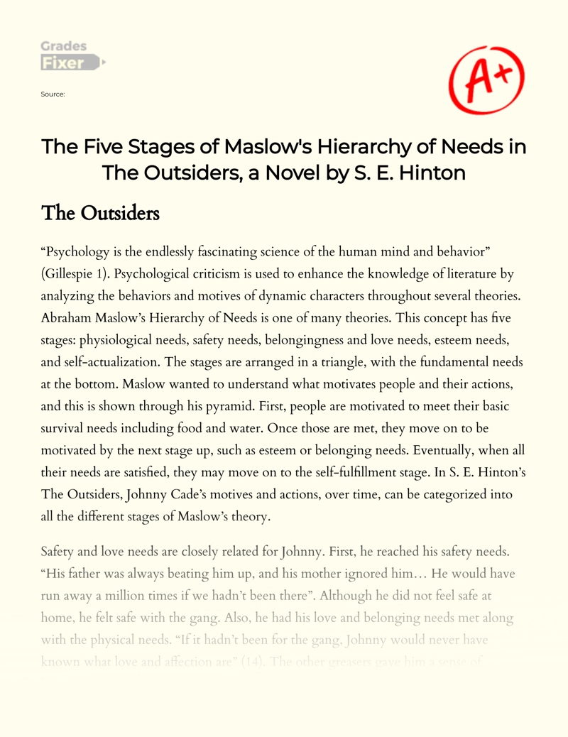 The Five Stages of Maslow's Hierarchy of Needs in The Outsiders, a Novel by S. E. Hinton Essay