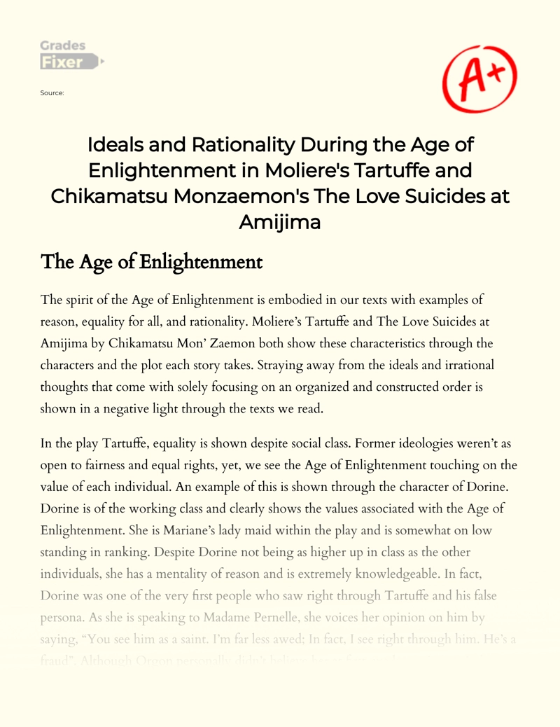 Ideals and Rationality During The Age of Enlightenment in Moliere's and Chikamatsu Monzaemon's Works Essay