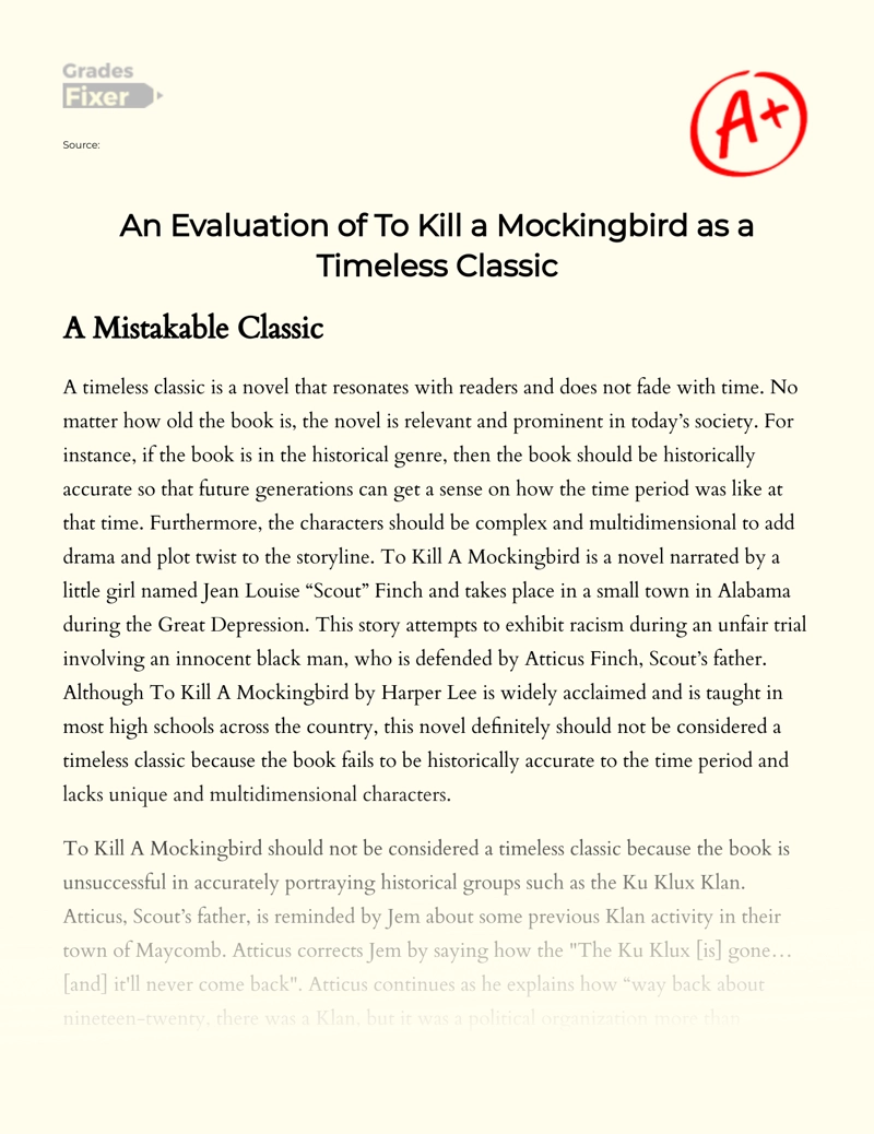 An Evaluation of to Kill a Mockingbird as a Timeless Classic essay
