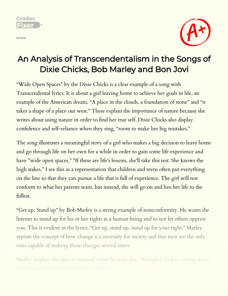 An Analysis of Transcendentalism in The Songs of Dixie Chicks, Bob Marley and Bon Jovi essay