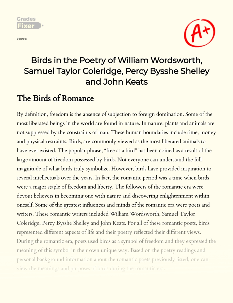 Birds in The Poetry of William Wordsworth, Samuel Taylor Coleridge, Percy Bysshe Shelley and John Keats essay