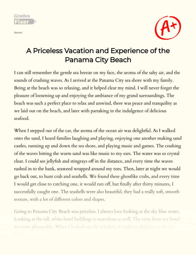 A Priceless Vacation and Experience of The Panama City Beach essay