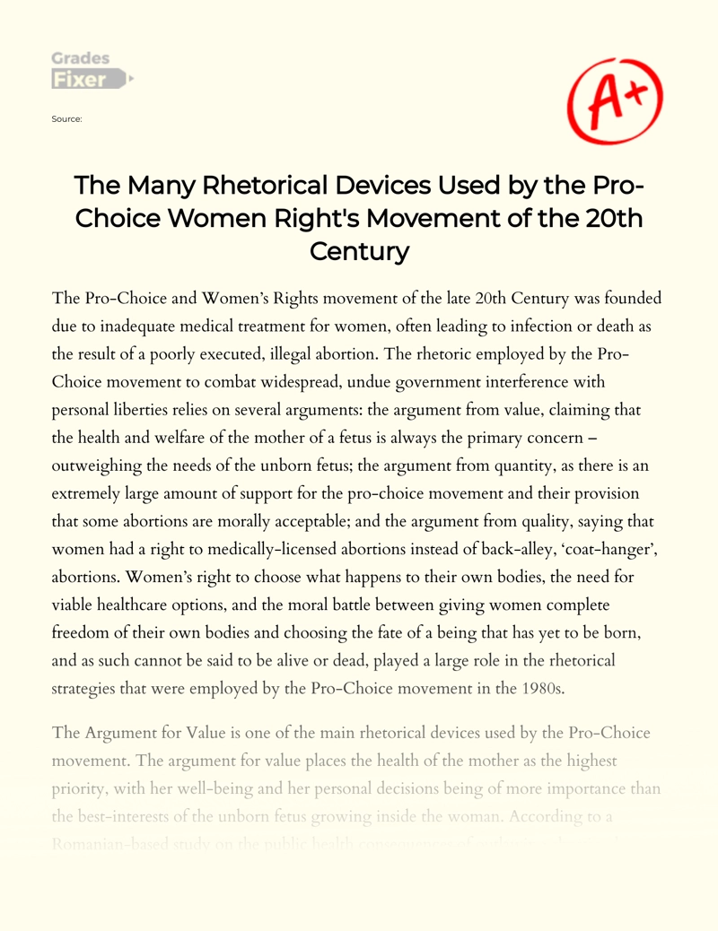 The Many Rhetorical Devices Used by The Pro-choice Women Right's Movement of The 20th Century Essay