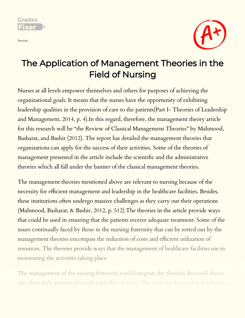 The Application of Management Theories in The Field of Nursing essay