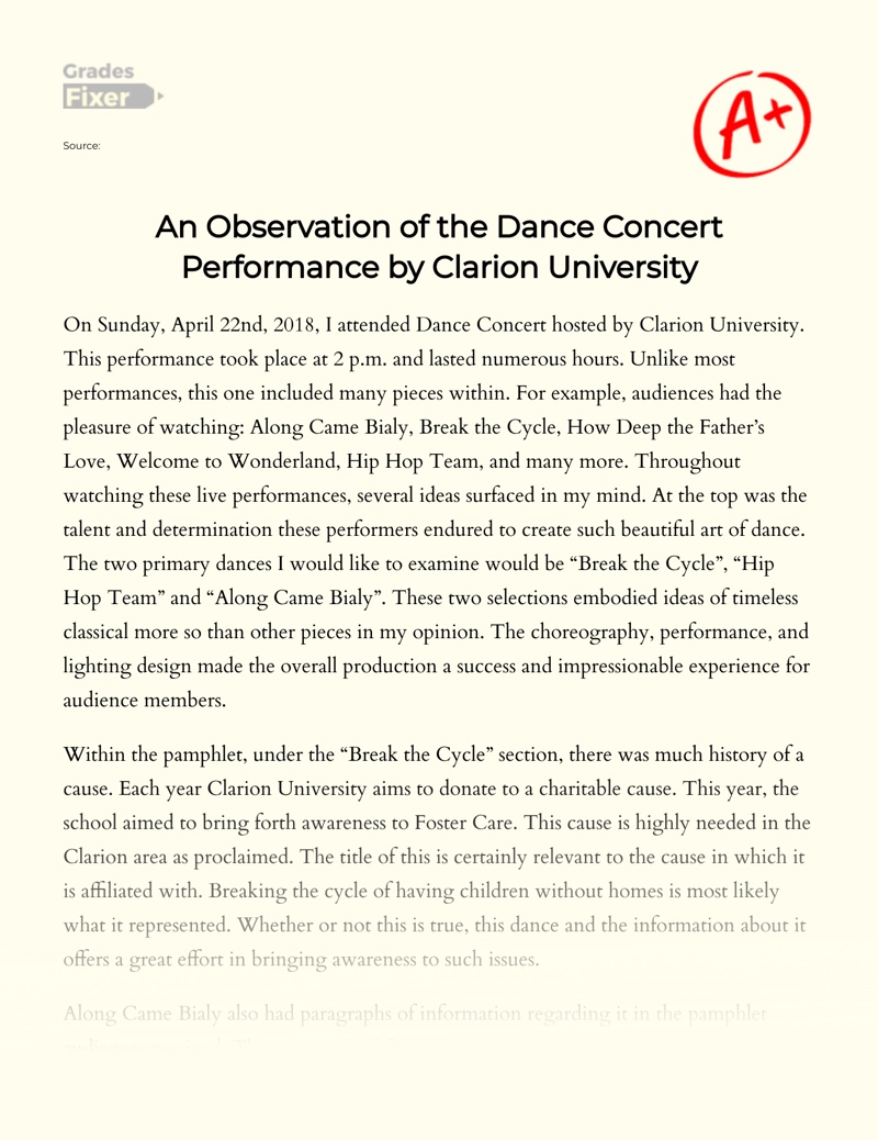 An Observation of The Dance Concert Performance by Clarion University essay