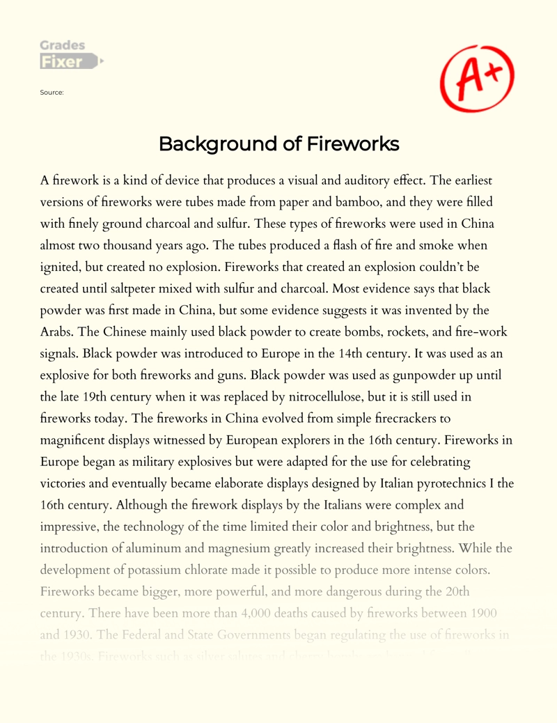 Background of Fireworks  Essay