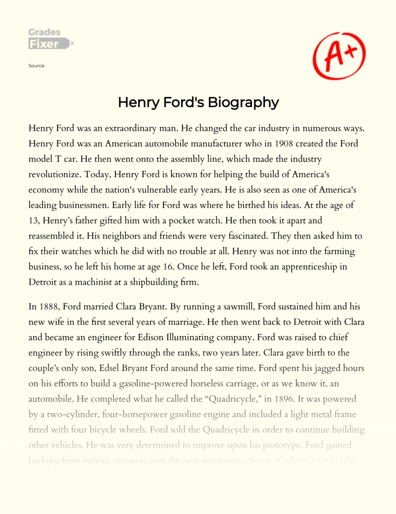 Henry Ford's Biography essay