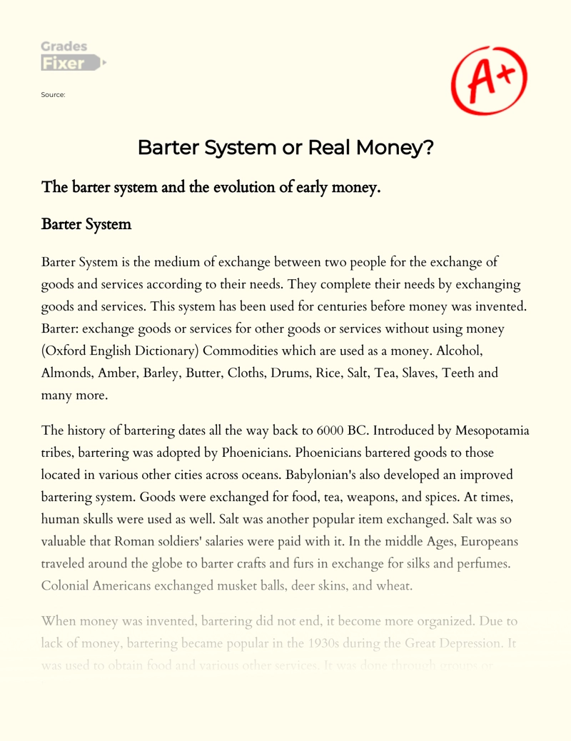 Barter System Or Real Money Essay