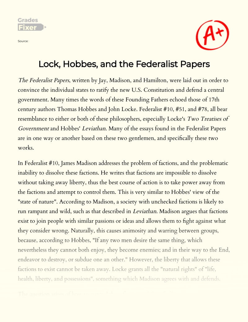 Locke, Hobbes, and The Federalist Papers essay