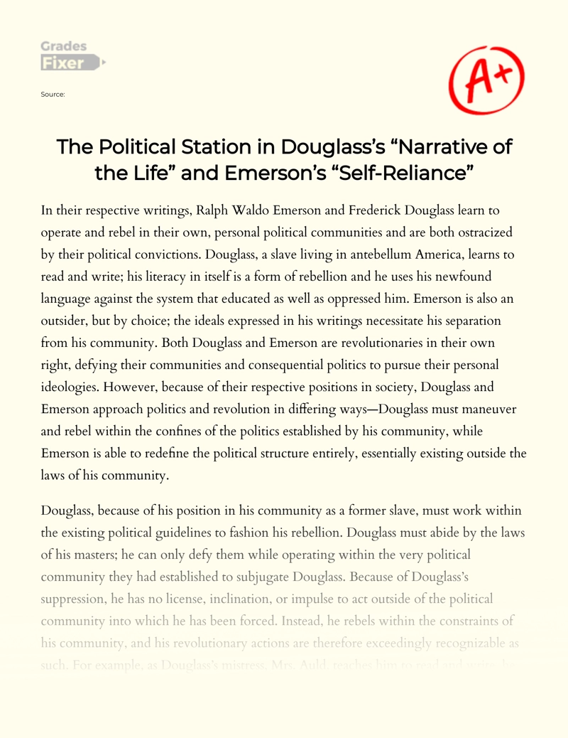 The Political Station in Douglass’s "Narrative of The Life" and Emerson’s "Self-reliance" Essay