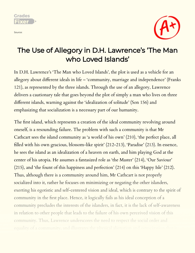 The Use of Allegory in D.h. Lawrence’s ‘the Man Who Loved Islands’ Essay